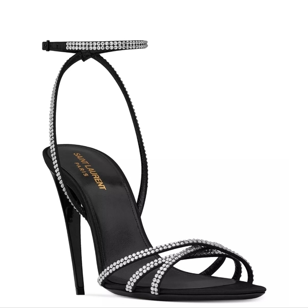 Saint Laurent Ava Strappy Sandals in Crepe Satin w/Rhinestones - NWT, size 39